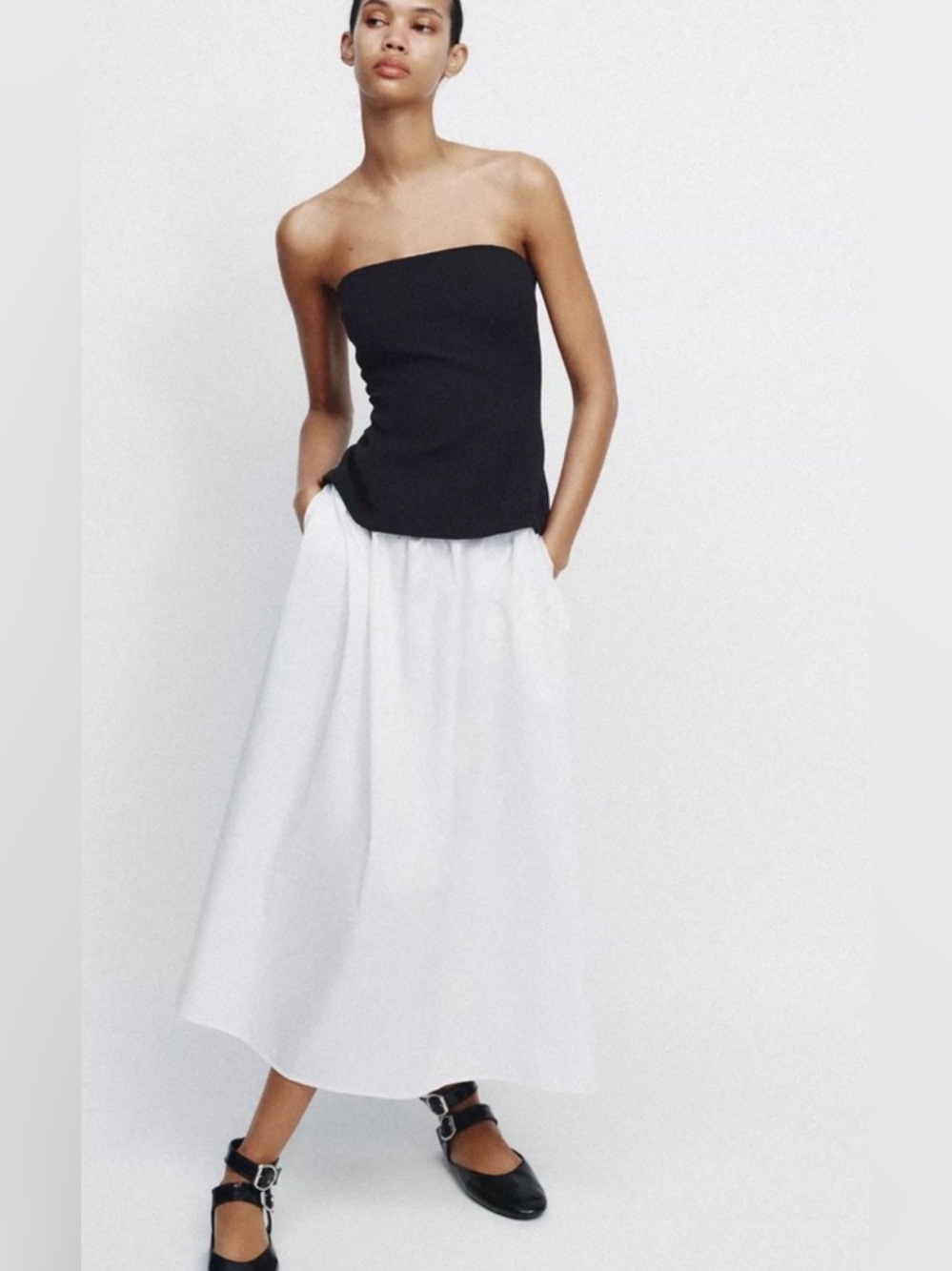 Zara black and white strapless poplin dress